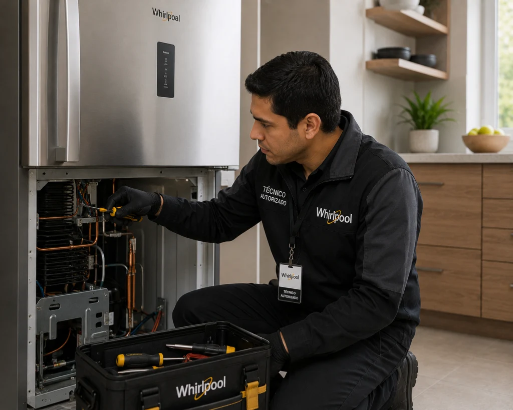 Técnico autorizado Whirlpool documentando una reparación en Quito